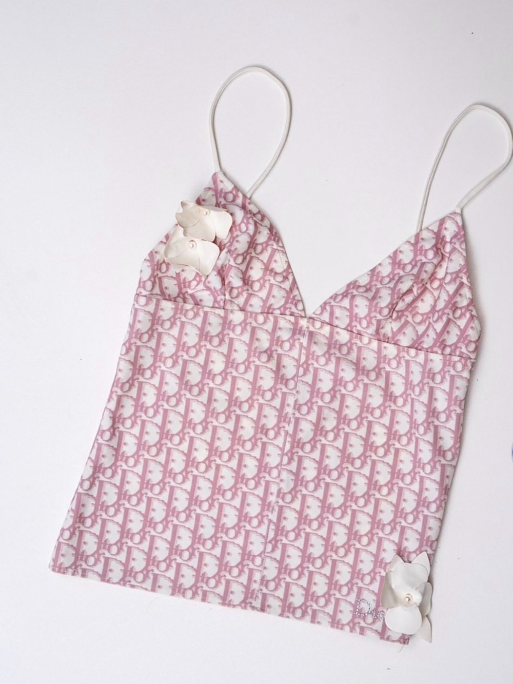 Dior Pink & White Logo-Print Camisole with Floral Appliqués